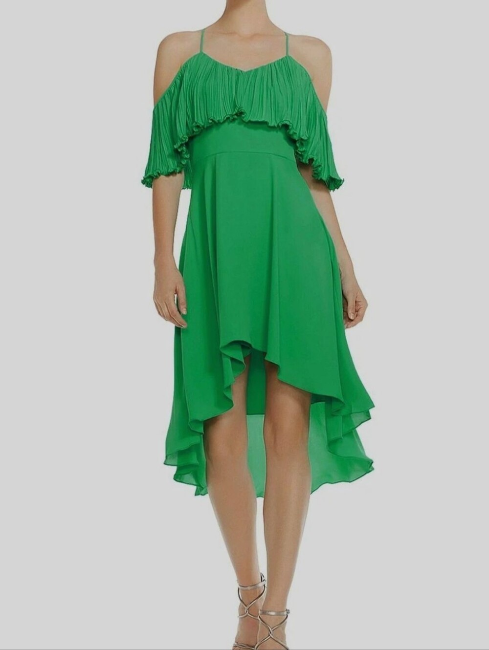 Halston Heritage Green Ruffle Cold Shoulder Dress Size L